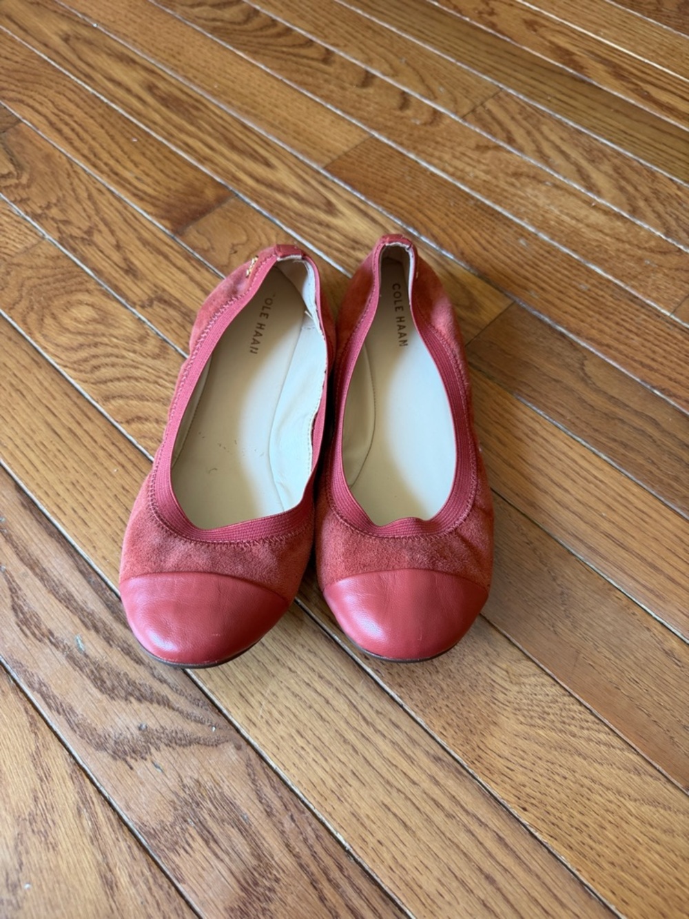 Cole Haan Coral-Red Leather & Suede Ballet Flats